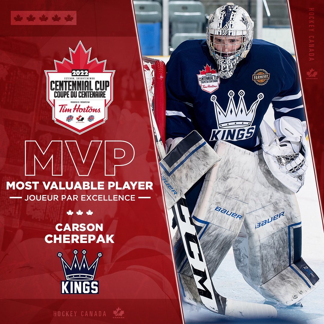 Congratulations to #CentennialCup Most Valuable Player, Carson Cherepak of the @dauphin_kings 🏆

No goaltender faced more shots (126) and no goaltender made more saves (122) ... that's a .968 save percentage on the national stage.

@timhortons | @cjhlhockey | 📸 @hockeycanada